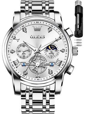Men's Silver Skeleton Stainless Steel Diamond Multi Calendar Chronograph Watch